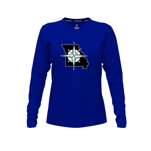 [CUS-DFW-TEES-PER-VNK-LSL-RYL-FYXS-LOGO3] Performance T-Shirt (Female Youth XS, Royal, V Neck, Logo 3, Long Sleeve)